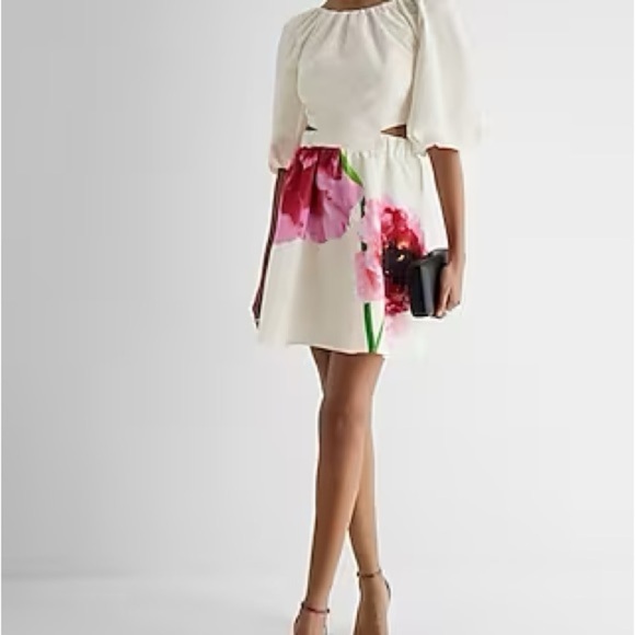 Express Floral Puff Sleeve Cutout Dress - Picture 2 of 6